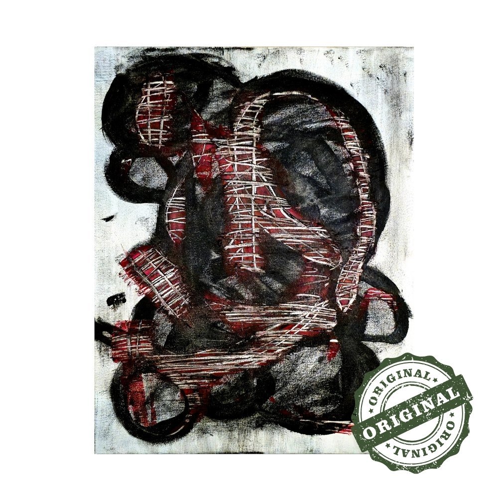 Dark and conceptual abstract portrait in white, black and red original painting. Front view of the painting shown against a clean, neutral background to highlight color and detail