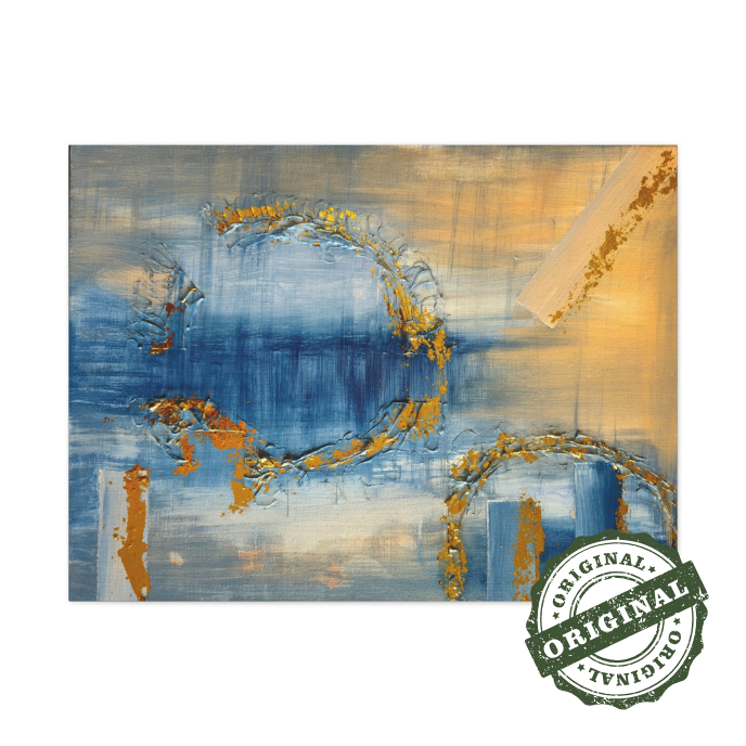 Dreamy glowing abstract landscape in blue and gold original painting. Front view of the painting shown against a clean, neutral background to highlight color and detail