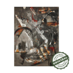 Geometrical, bold and dark abstract portrait in black, grey, white, brown, red original painting. Front view of the painting shown against a clean, neutral background to highlight color and detail