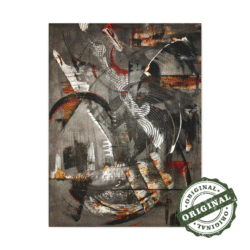 Geometrical, bold and dark abstract portrait in black, grey, white, brown, red original painting. Front view of the painting shown against a clean, neutral background to highlight color and detail