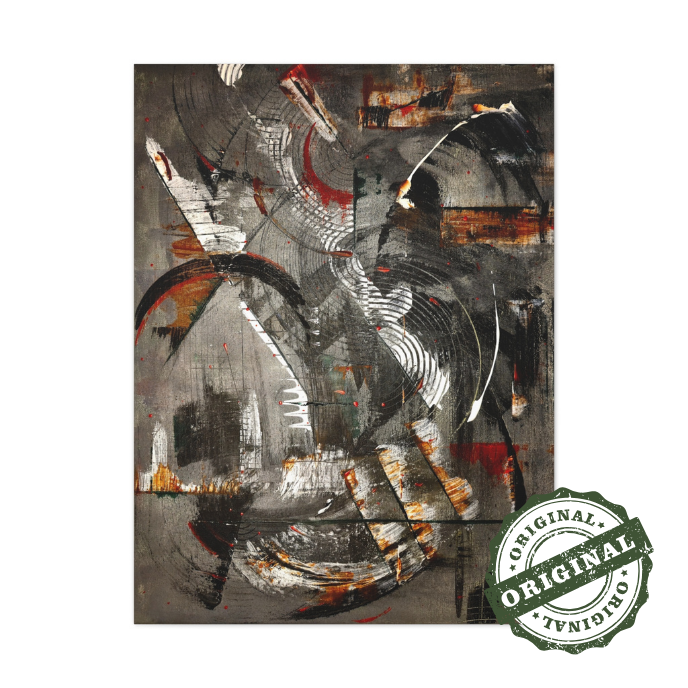 Geometrical, bold and dark abstract portrait in black, grey, white, brown, red original painting. Front view of the painting shown against a clean, neutral background to highlight color and detail