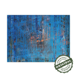 Layered and glowing abstract landscape in orange and blue original painting. Front view of the painting shown against a clean, neutral background to highlight color and detail