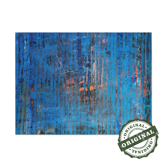 Layered and glowing abstract landscape in orange and blue original painting. Front view of the painting shown against a clean, neutral background to highlight color and detail