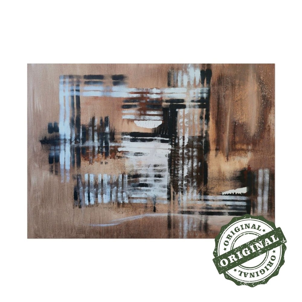 Warm and minimalistic abstract landscape in brown, white and black original painting. Front view of the painting shown against a clean, neutral background to highlight color and detail