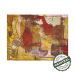 Warm conceptual abstract landscape with mustard yellow, red and brown original painting. Front view of the original painting shown against a clean, neutral background to highlight color and detail