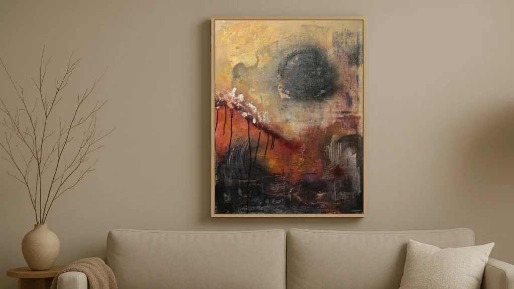 Canvas print of the painting winter is coming in modern living room behind couch