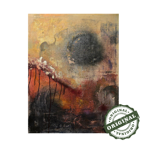 Abstract original painting with Bordeaux red and autumn light, a one-of-a-kind artwork showcasing rich texture and painter’s touch