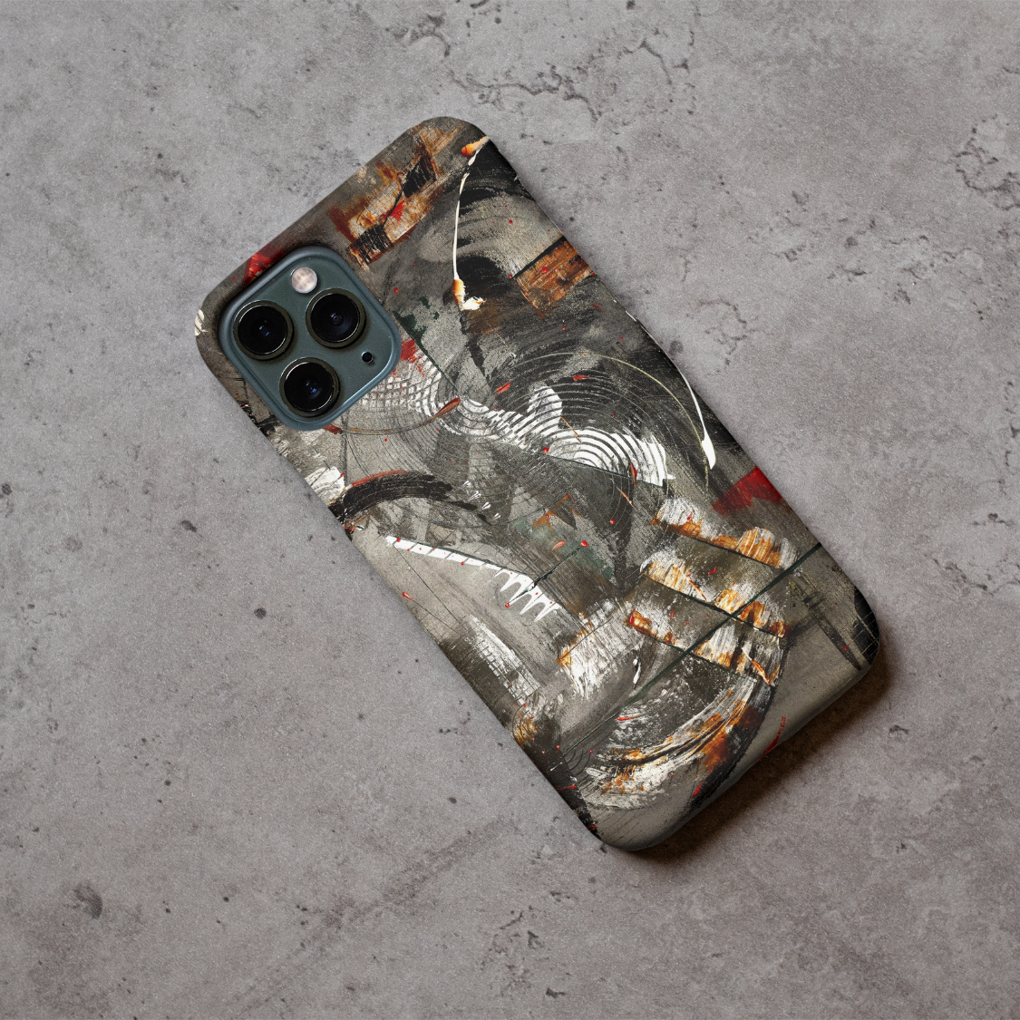Phone case displayed on a grey concrete surface featuring the artwork “Paris”, a dark grey abstract artwork.