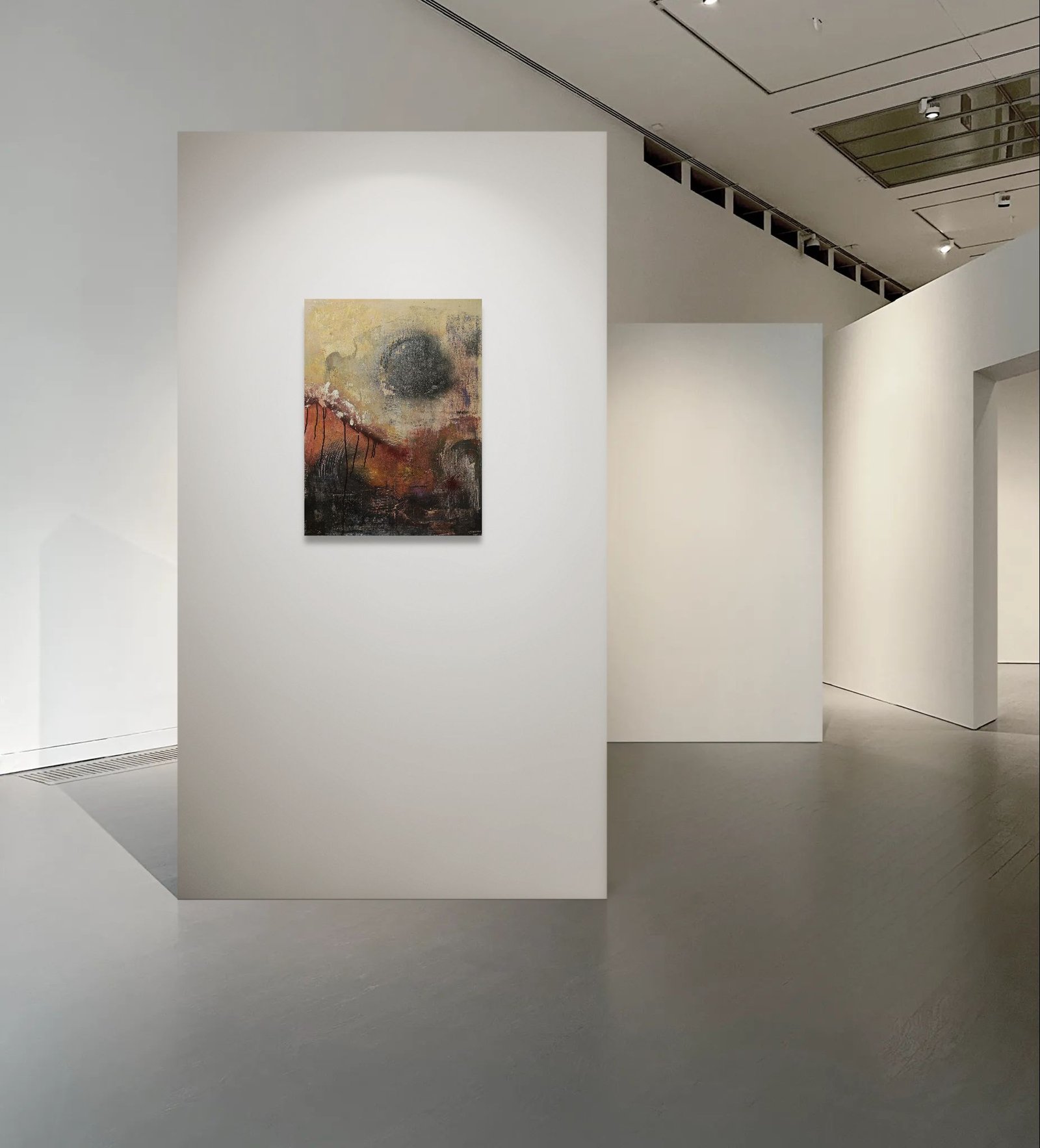 Abstract poster with autumn colors placed on art gallery wall