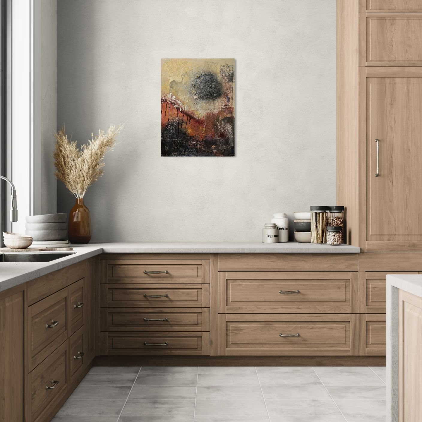 Abstract poster with autumn colors in modern kitchen