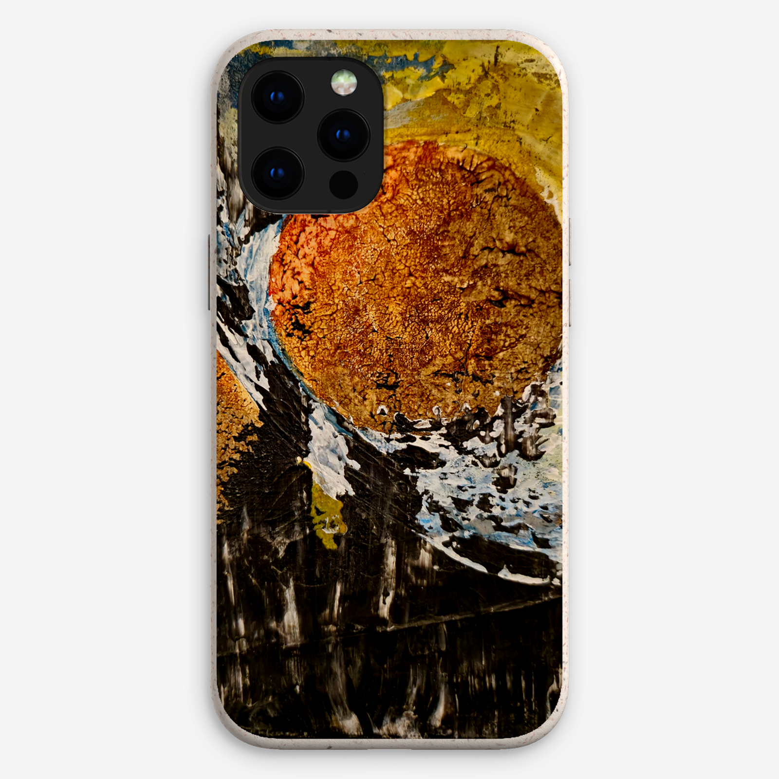 Eco-friendly phone case for Apple iPhone and Samsung Galaxy on a white background featuring the artwork “Antwerp”, a blue and black abstract piece.