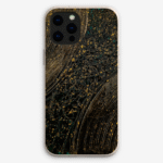 Eco-friendly phone case for Apple iPhone and Samsung Galaxy on a white background featuring the artwork “Bangkok”, a textured gold and black abstract piece.