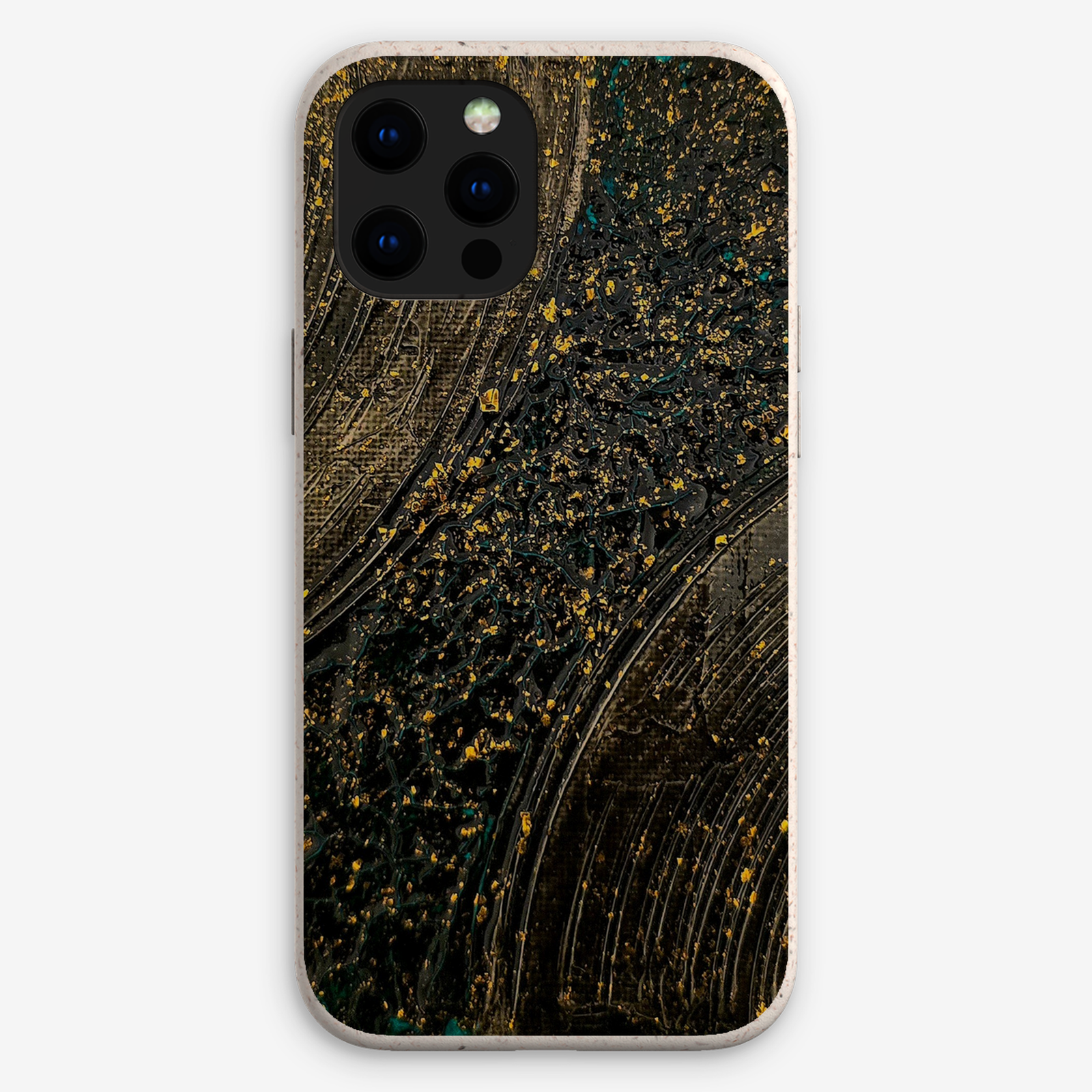 Eco-friendly phone case for Apple iPhone and Samsung Galaxy on a white background featuring the artwork “Bangkok”, a textured gold and black abstract piece.
