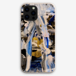 Eco-friendly phone case for Apple iPhone and Samsung Galaxy on a white background featuring the artwork “Buenos Aires”, a blue, white, and gold abstract piece.