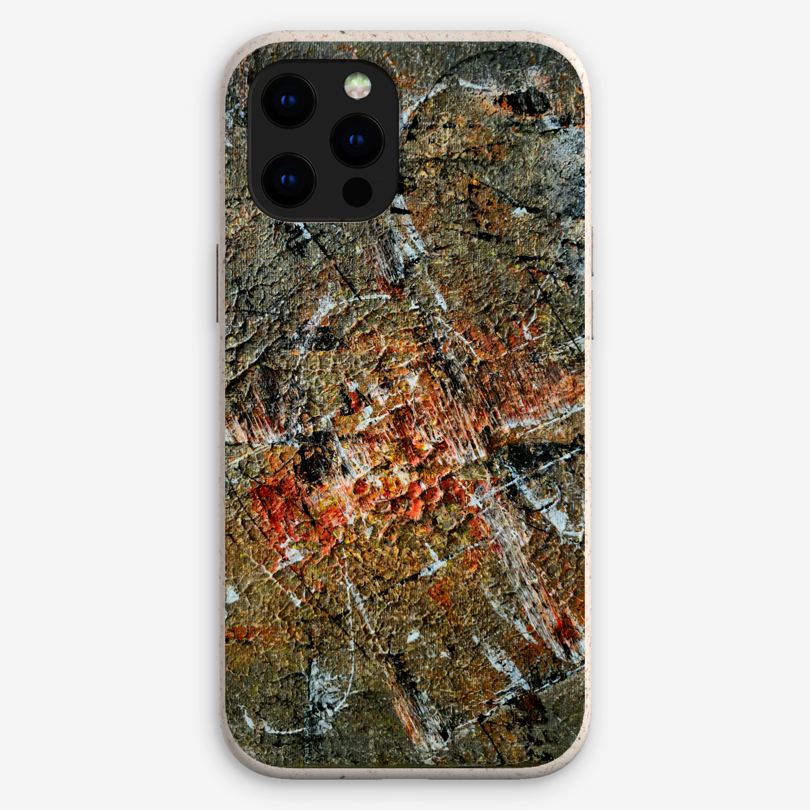 Eco-friendly phone case for Apple iPhone and Samsung Galaxy on a white background featuring the artwork “Caracas”, a planet-like textured orange and grey abstract artwork.