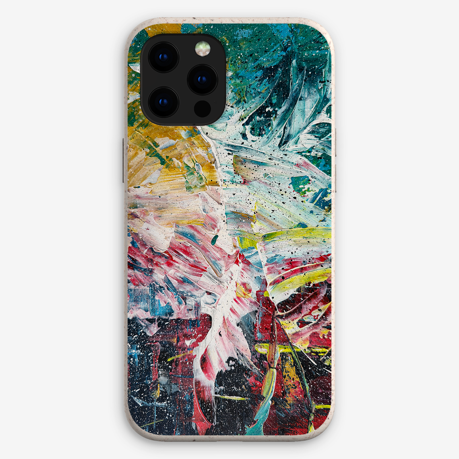 Eco-friendly phone case for Apple iPhone and Samsung Galaxy on a white background featuring the artwork “Haarlem”, a colorful, expressive abstract piece.