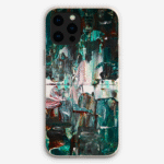 Eco-friendly phone case for Apple iPhone and Samsung Galaxy on a white background featuring the artwork “Madrid”, a green and white layered abstract piece.