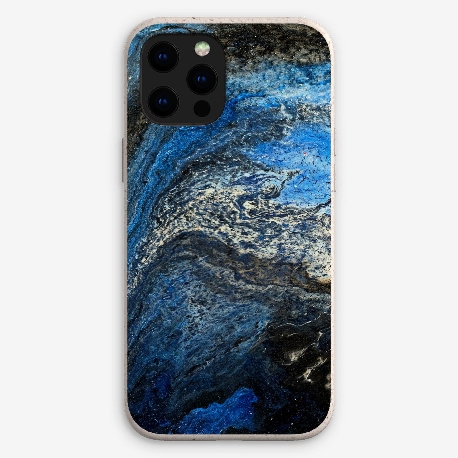 Eco-friendly phone case for Apple iPhone and Samsung Galaxy on a white background featuring the artwork “Rome”, a fluid blue, white, and black abstract painting.