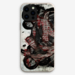 Eco-friendly phone case for Apple iPhone and Samsung Galaxy on a white background featuring the artwork “The Quiet Collapse”, a black, white, and red expressive abstract piece.