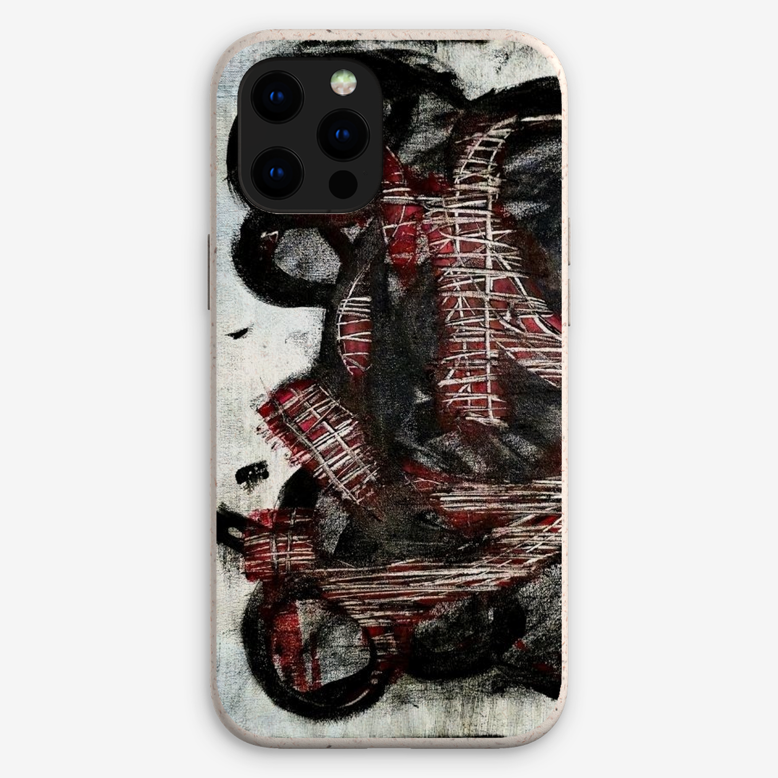 Eco-friendly phone case for Apple iPhone and Samsung Galaxy on a white background featuring the artwork “The Quiet Collapse”, a black, white, and red expressive abstract piece.