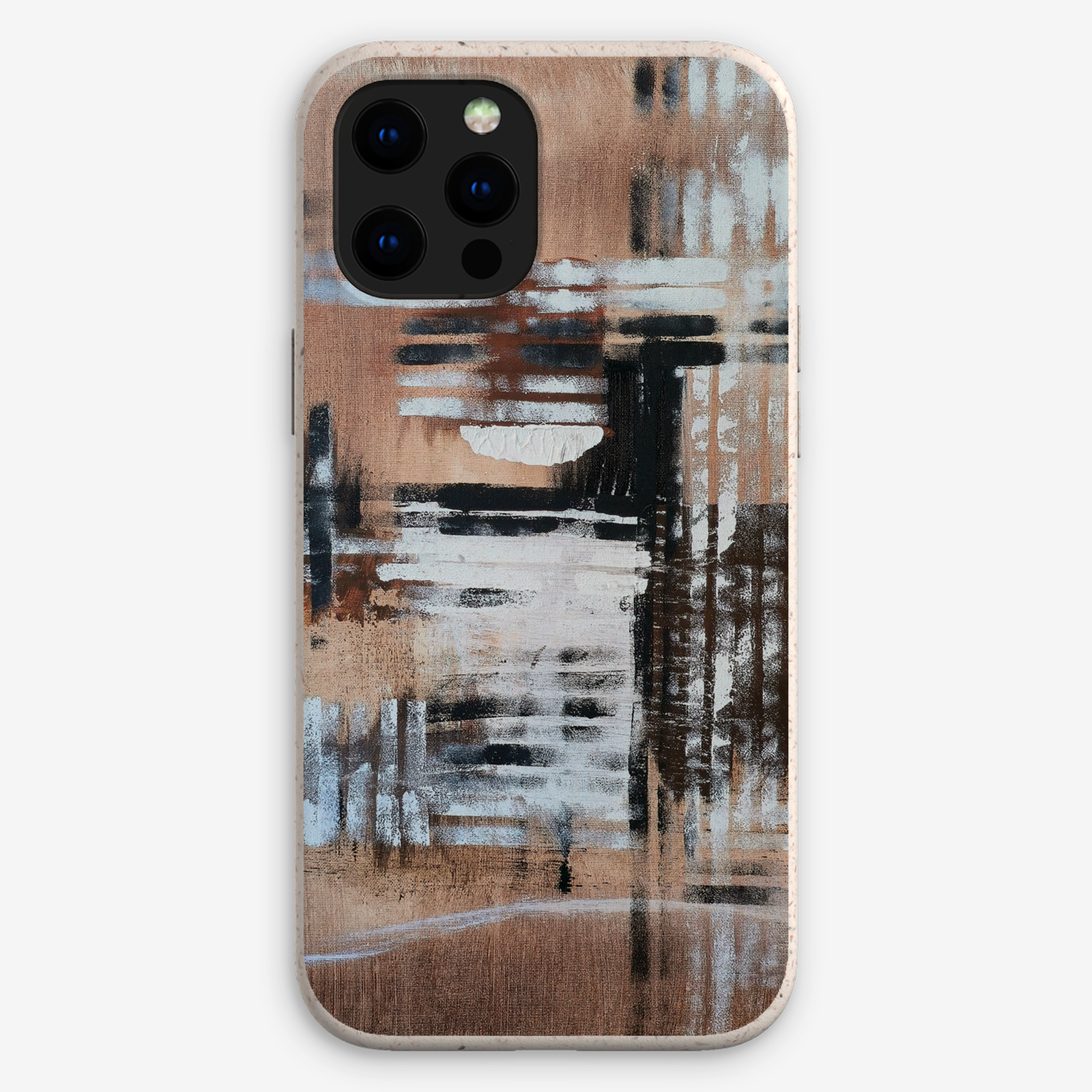 Eco-friendly phone case for Apple iPhone and Samsung Galaxy on a white background featuring the artwork “Tokyo”, a brown, white, and black abstract painting.