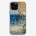 Eco-friendly phone case for Apple iPhone and Samsung Galaxy on a white background featuring the artwork “Venice”, a blue and gold abstract painting.