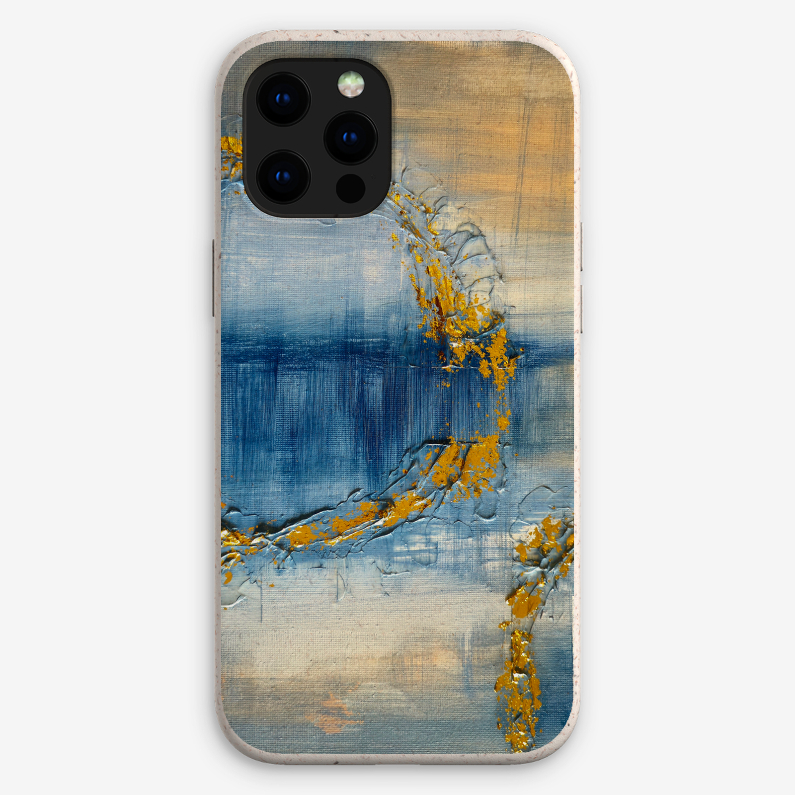 Eco-friendly phone case for Apple iPhone and Samsung Galaxy on a white background featuring the artwork “Venice”, a blue and gold abstract painting.