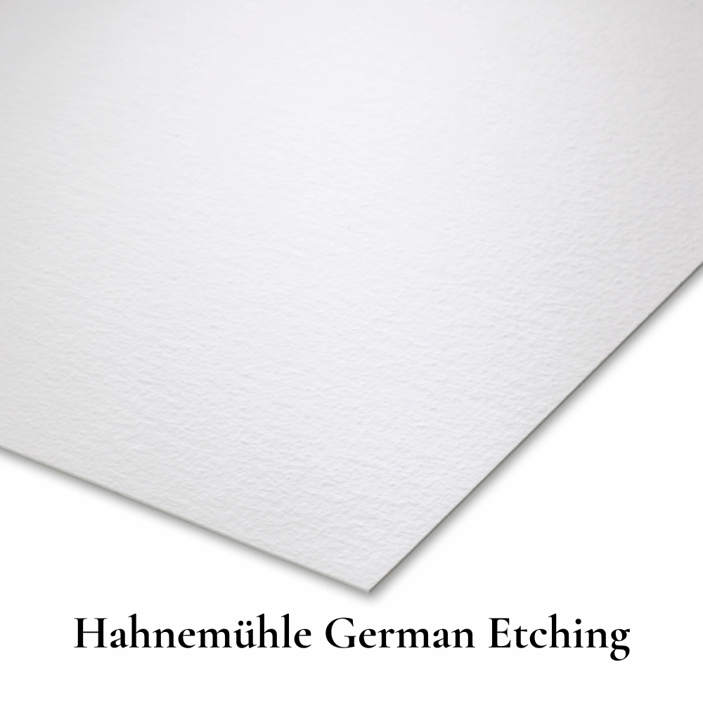Close-up of Hahnemühle German Etching fine art paper showing its textured, velvety matte surface and warm natural white tone.