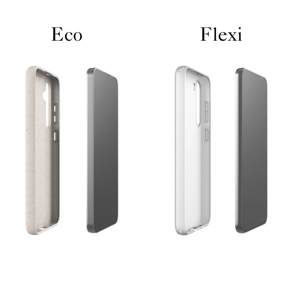 Side view of eco-friendly and flexible phone cases for Apple iPhone and Samsung Galaxy showing thickness and material difference
