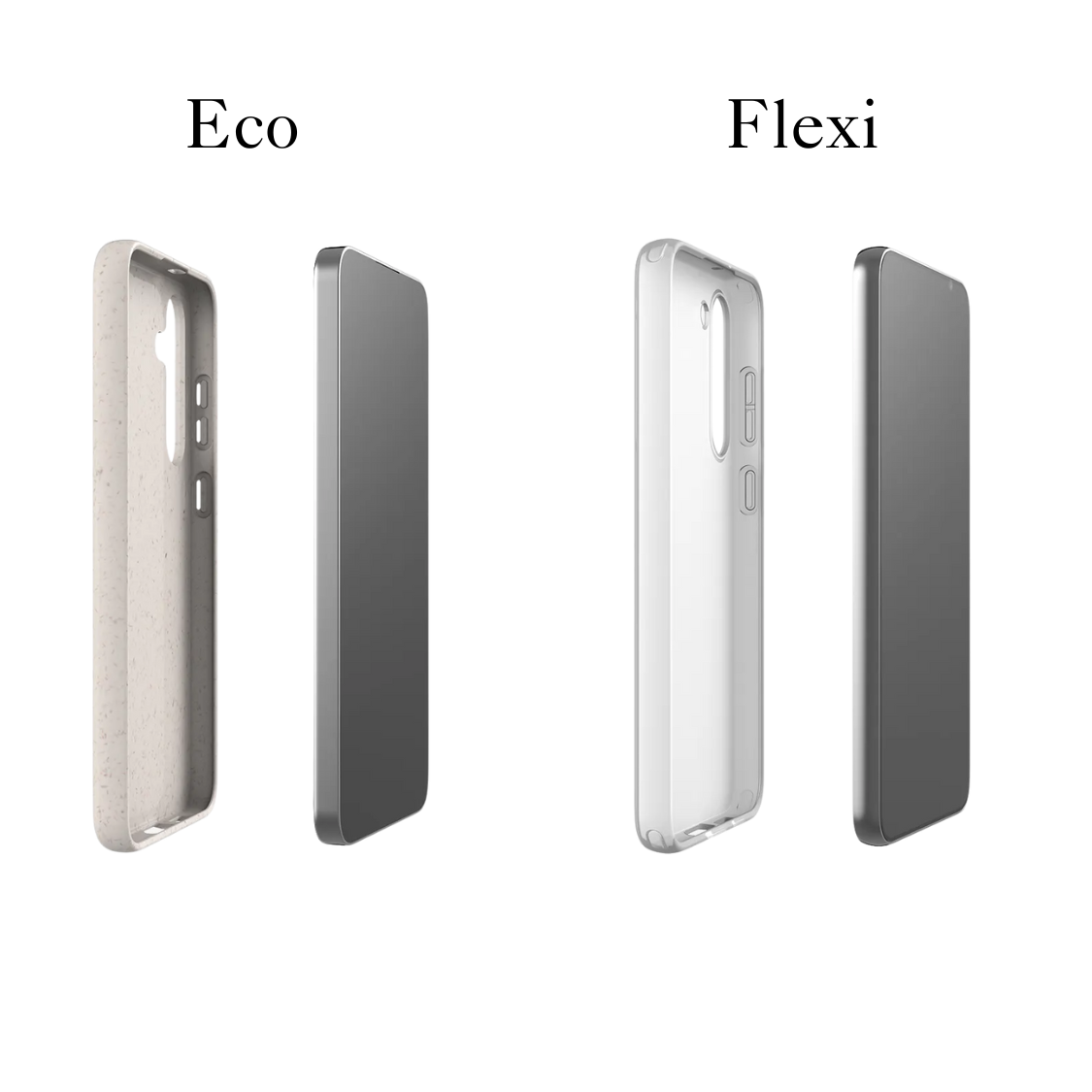 Side view of eco-friendly and flexible phone cases for Apple iPhone and Samsung Galaxy showing thickness and material difference