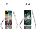 Back view of eco-friendly and flexible phone cases for Apple iPhone and Samsung Galaxy displaying full-color artwork prints on both cases