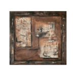 Fine art print of the painting Vestige, showing a weathered bulletin board with faded paper fragments and rust tones in a realistic illusion style.