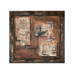 Fine art print of the painting Vestige, showing a weathered bulletin board with faded paper fragments and rust tones in a realistic illusion style.