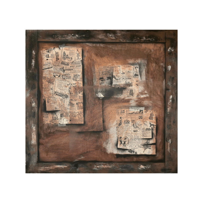 Fine art print of the painting Vestige, showing a weathered bulletin board with faded paper fragments and rust tones in a realistic illusion style.