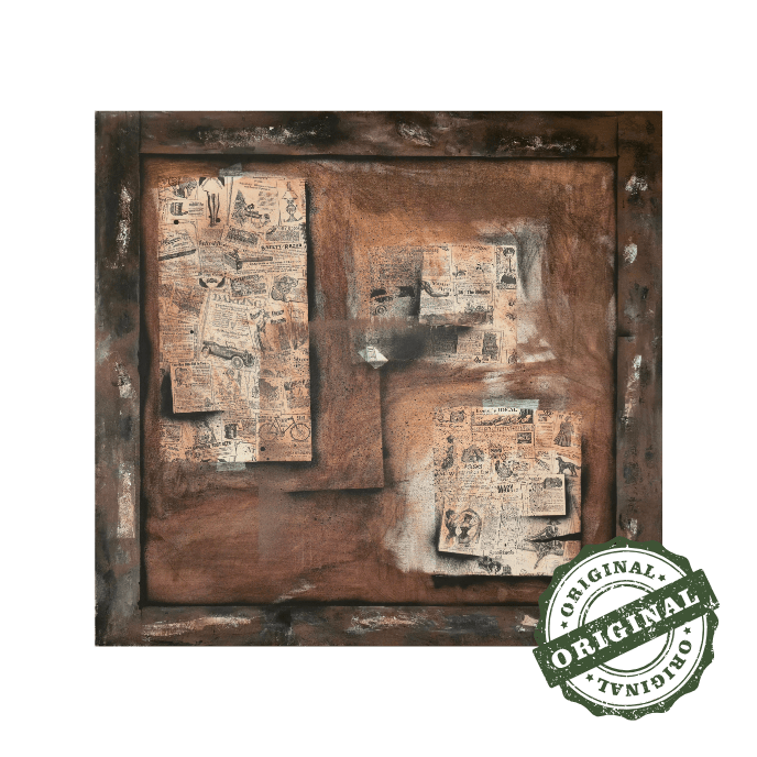 Hyperreal painting of a square old bulletin board with layered torn papers, rust stains, and a painted frame, all flat on canvas.