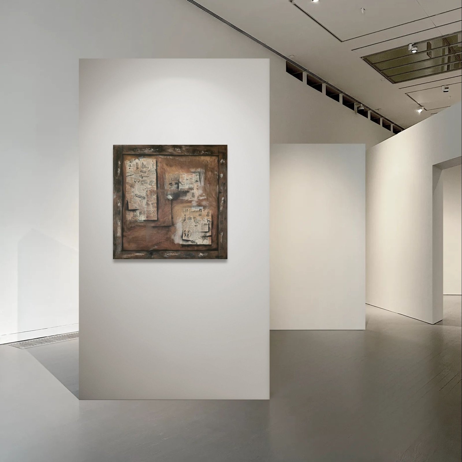 Hyperreal painting of a square old bulletin board with layered torn papers, rust stains, and a painted frame, all flat on canvas. Displayed in an art gallery