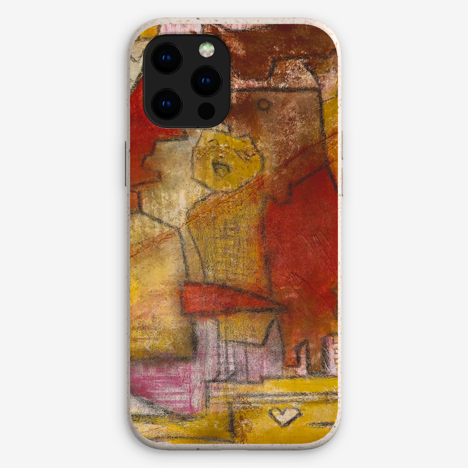 Eco-friendly phone case for Apple iPhone and Samsung Galaxy on a white background featuring the artwork “Cairo”, a yellow and red abstract piece with ancient figures.