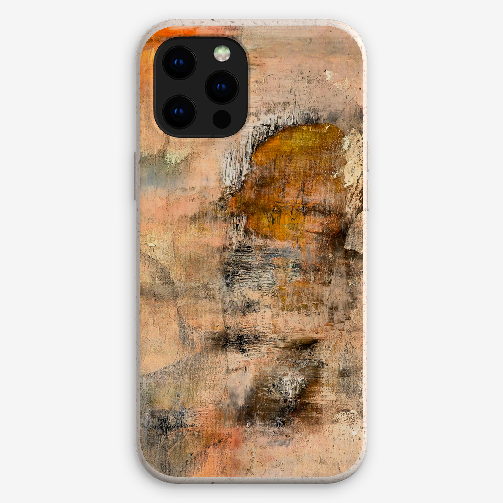 Eco-friendly phone case for Apple iPhone and Samsung Galaxy on a white background featuring the artwork “The Forgotten”, a warm abstract piece with a silhouette of a face.