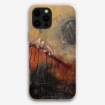 Eco-friendly phone case for Apple iPhone and Samsung Galaxy on a white background featuring the artwork “Winter is Coming”, an autumn colored, expressive abstract artwork.