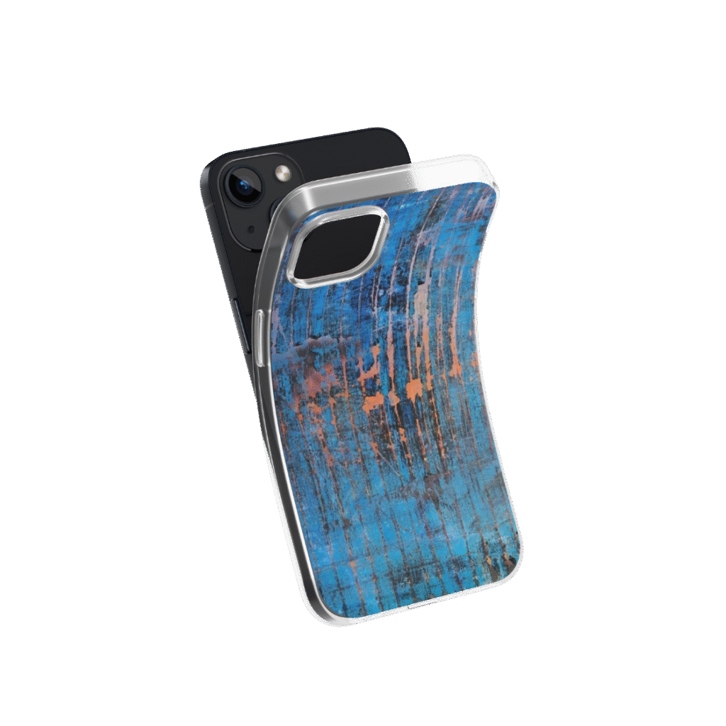 Front view of a flexible phone case for Samsung Galaxy and Apple iPhone featuring the artwork “AZUL”, a blue and orange layered expressive abstract piece.