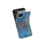Front view of a flexible phone case for Samsung Galaxy and Apple iPhone featuring the artwork “AZUL”, a blue and orange layered expressive abstract piece.