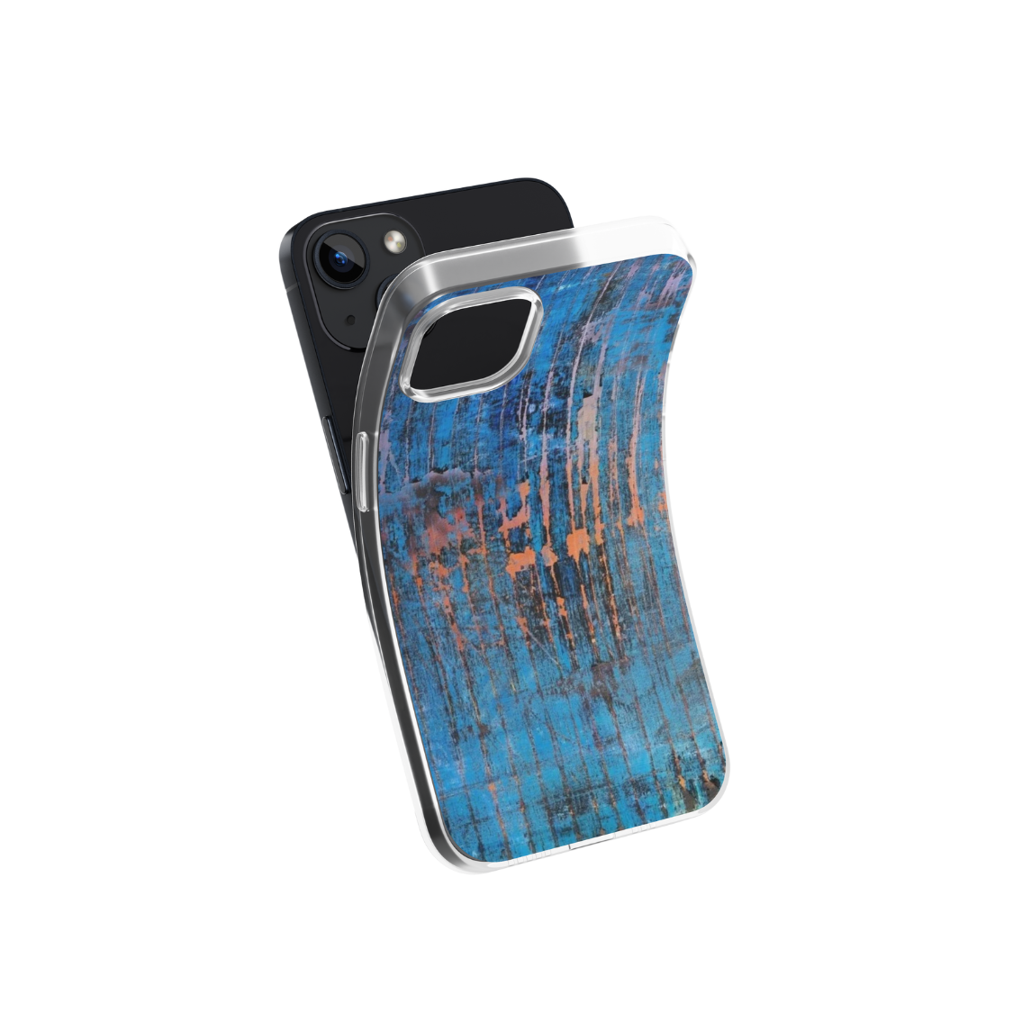 Front view of a flexible phone case for Samsung Galaxy and Apple iPhone featuring the artwork “AZUL”, a blue and orange layered expressive abstract piece.