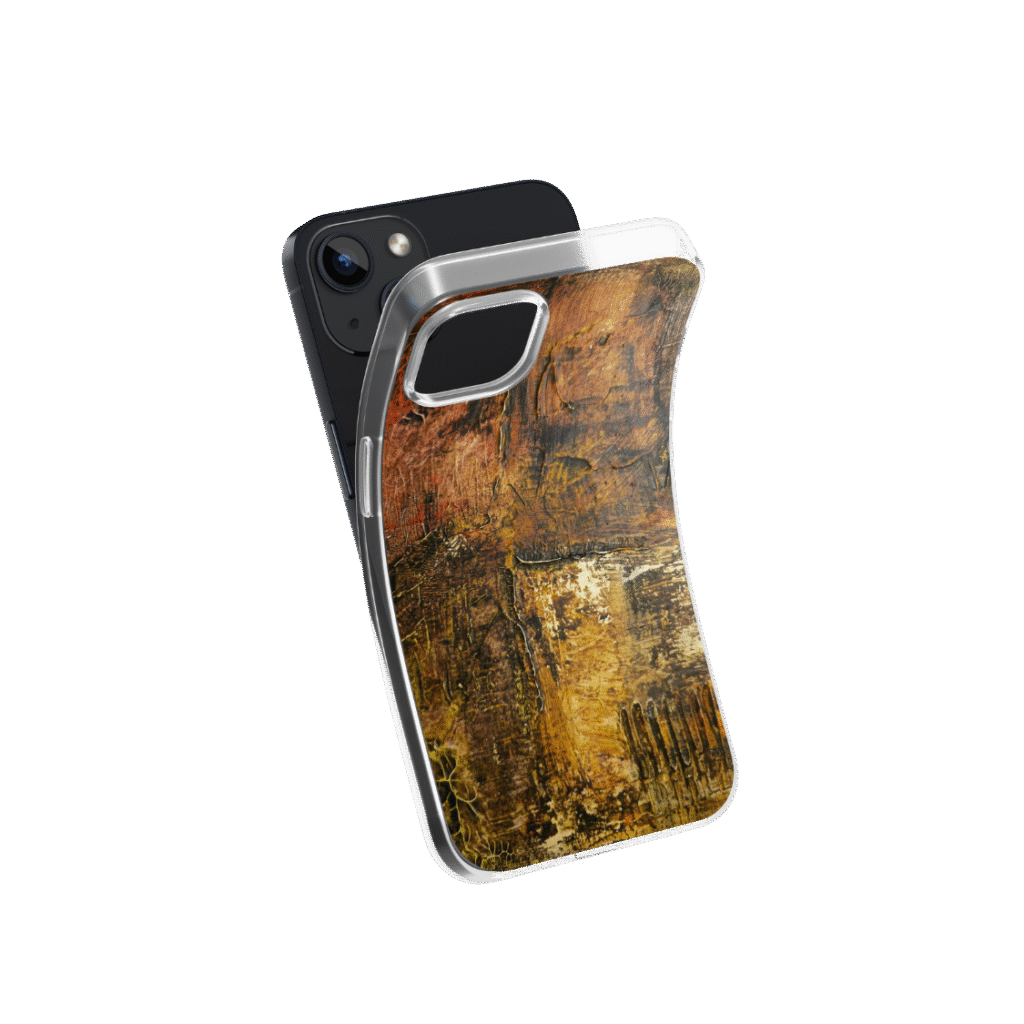 Front view of a flexible phone case for Samsung Galaxy and Apple iPhone featuring the artwork “Amsterdam”, an earthy colored abstract artwork.