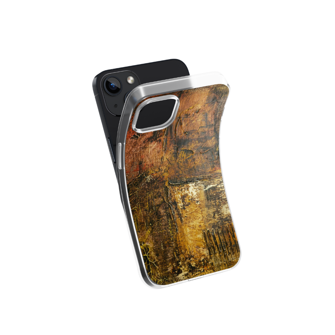 Front view of a flexible phone case for Samsung Galaxy and Apple iPhone featuring the artwork “Amsterdam”, an earthy colored abstract artwork.