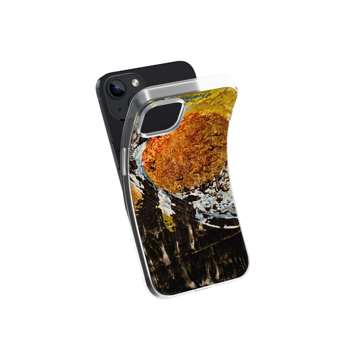 Front view of a flexible phone case for Samsung Galaxy and Apple iPhone featuring the artwork “Antwerp”, a blue and black abstract piece.