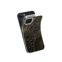Front view of a flexible phone case for Samsung Galaxy and Apple iPhone featuring the artwork “Bangkok”, a textured gold and black abstract piece.