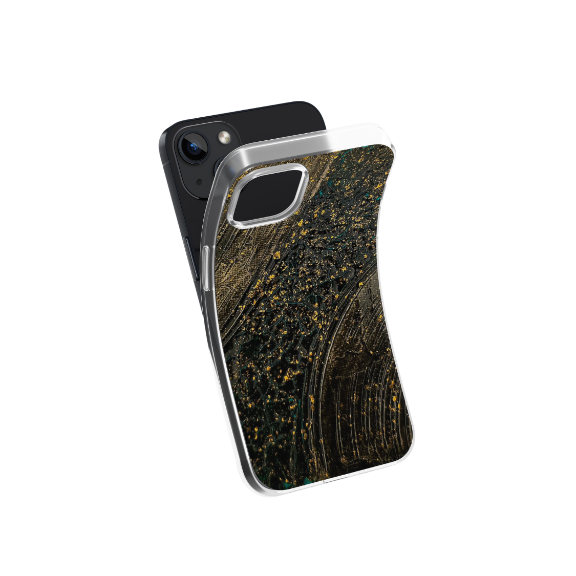 Front view of a flexible phone case for Samsung Galaxy and Apple iPhone featuring the artwork “Bangkok”, a textured gold and black abstract piece.