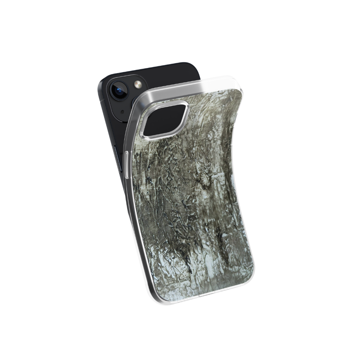 Front view of a flexible phone case for Samsung Galaxy and Apple iPhone featuring the artwork “Berlin”, a grey monochromatic abstract piece.