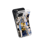 Front view of a flexible phone case for Samsung Galaxy and Apple iPhone featuring the artwork “Buenos Aires”, a blue, white, and gold abstract piece.