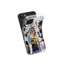 Front view of a flexible phone case for Samsung Galaxy and Apple iPhone featuring the artwork “Buenos Aires”, a blue, white, and gold abstract piece.